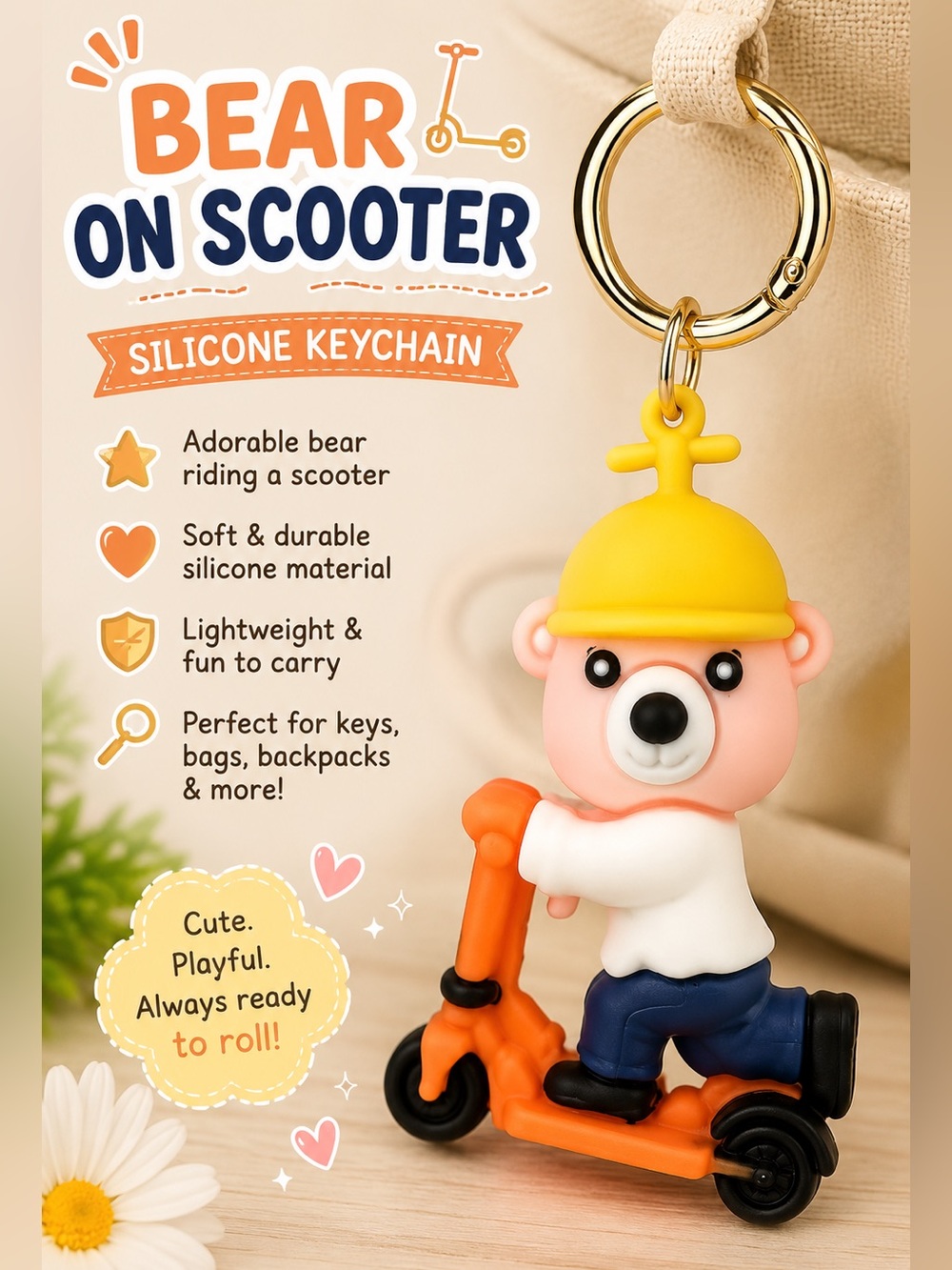 Cute Pink Bear on Orange Scooter Silicone Keychain with Yellow Helmet